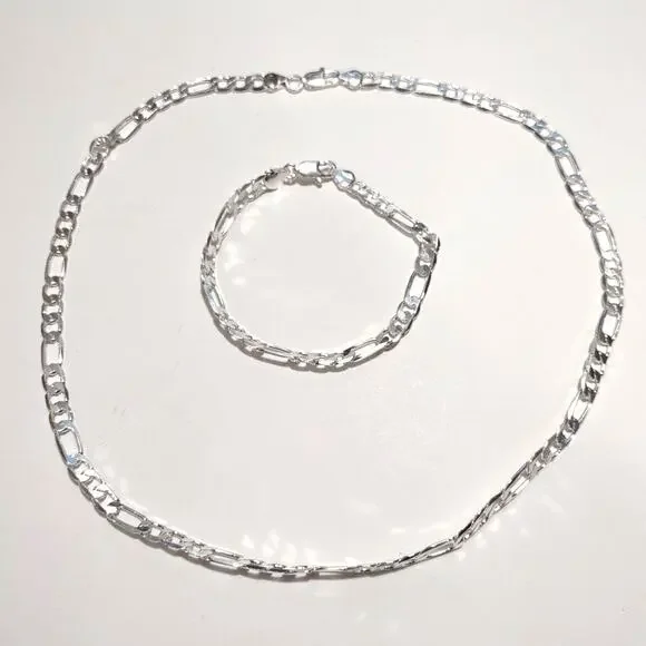 925 Silver Necklace & Bracelet Set Figaro Chain Link Valentines Birthday Gift